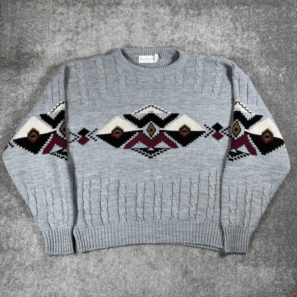 Vintage New Yorker Sweater Men's Large Gray Aztec Geometric Cable Knit USA Made
